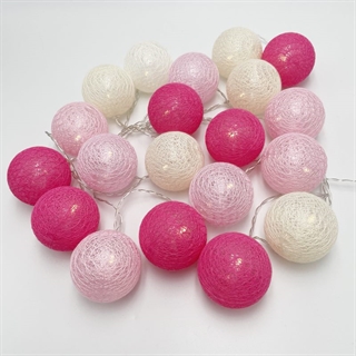 LED lyskæde med bomuldskugler i rosa, lyserød og hvid